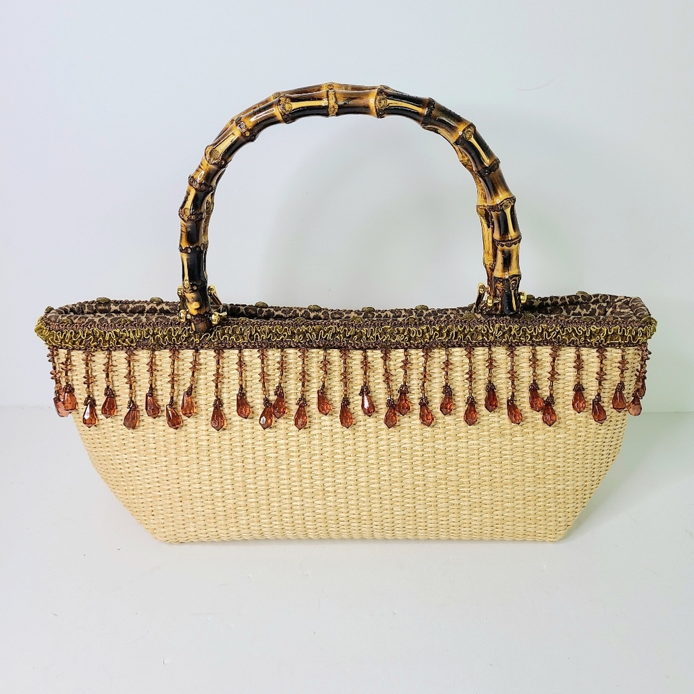 Custom Made Straw Dangle Beads Bamboo Handle Unique East West Bag